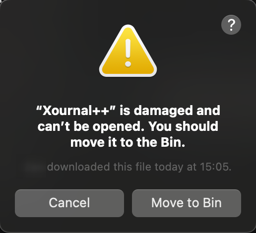 MacOS quarantine error dialog